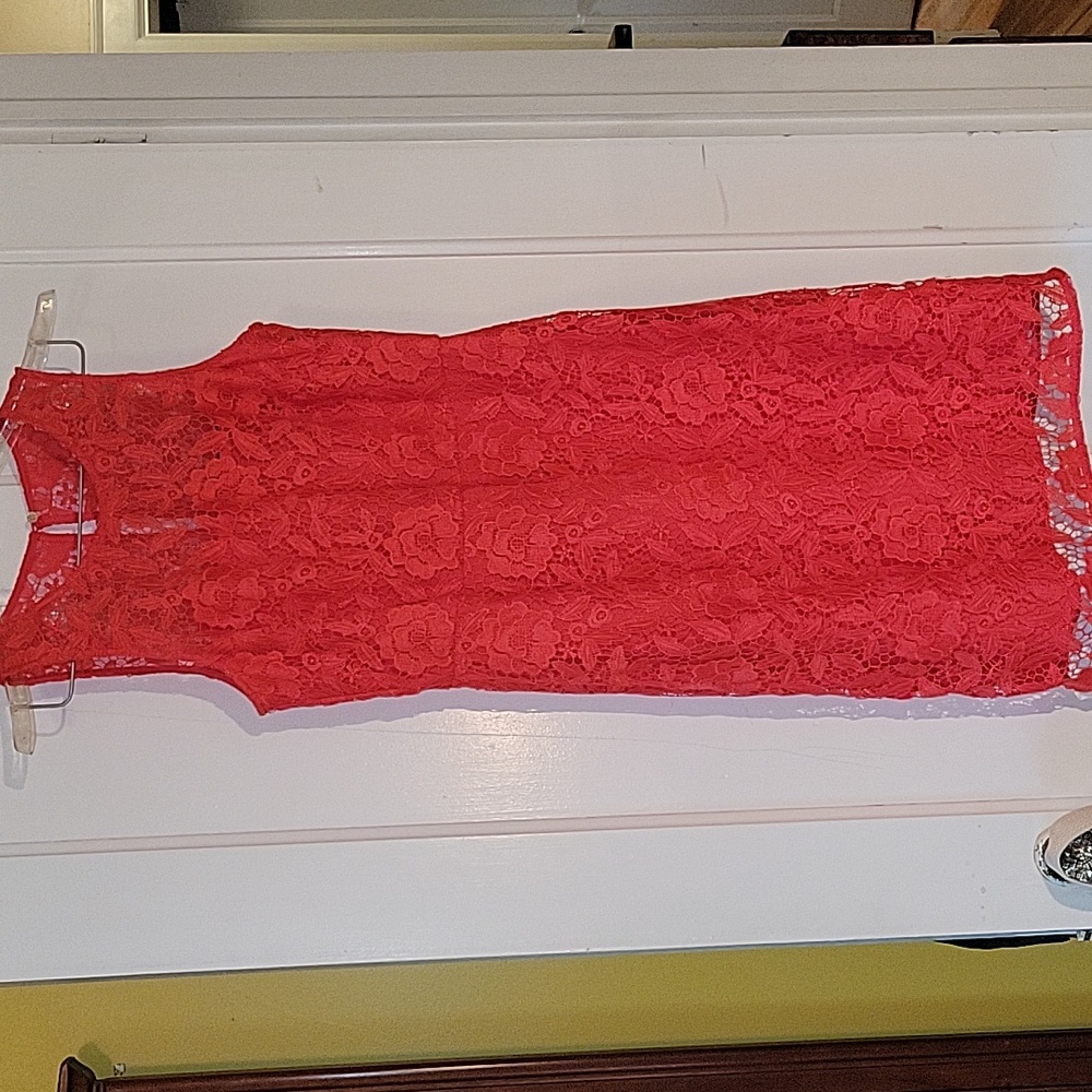 J Crew, Lace Overlay Sheath Dress, Size 4, Coral/Red